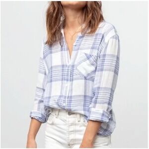 Rails Women‎ Charlie Linen Button Front Shirt Medium White Blue Plaid Preppy